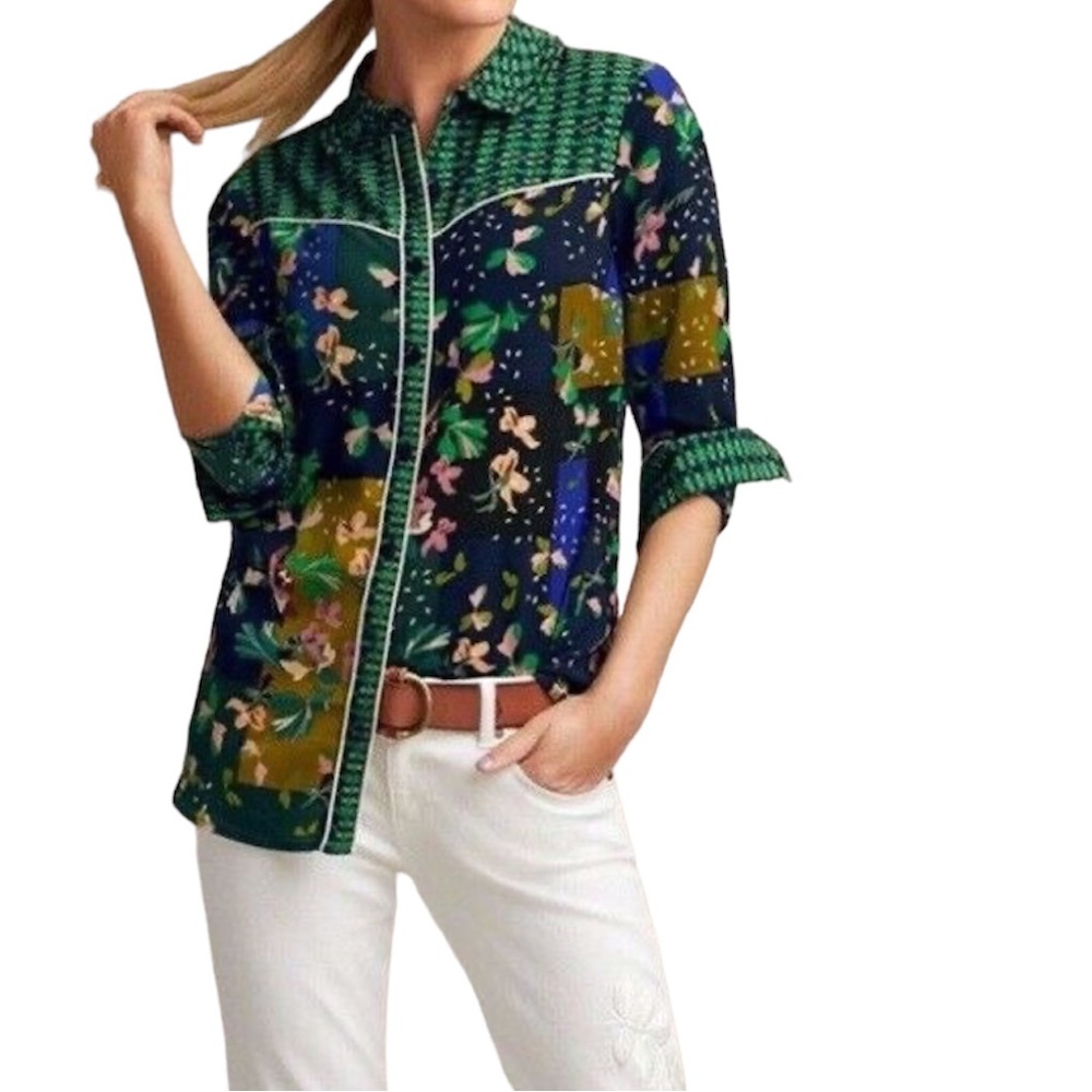 Cabi Bronco Floral Boho Western Patchwork Button Front Blouse size M